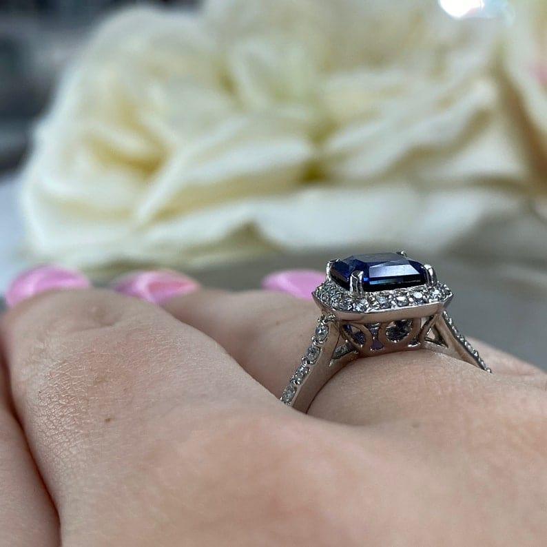 Blue Sapphire Halo Royal Blue Wedding Anniversary Gift Ring - JBR Jeweler