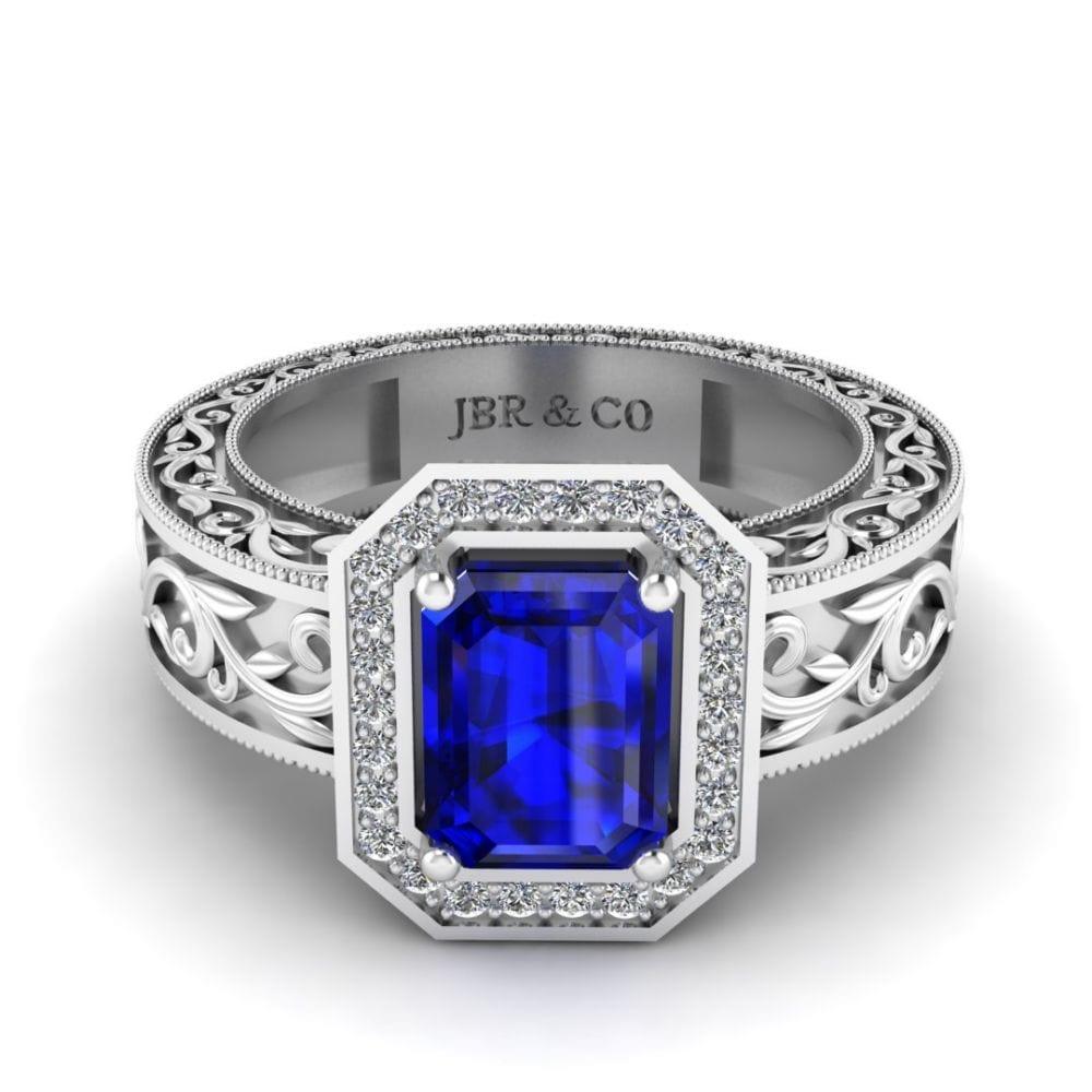 JBR Jeweler Silver Ring 3 / Silver Blue Sapphire Scroll Halo Sterling Silver Wedding Ring
