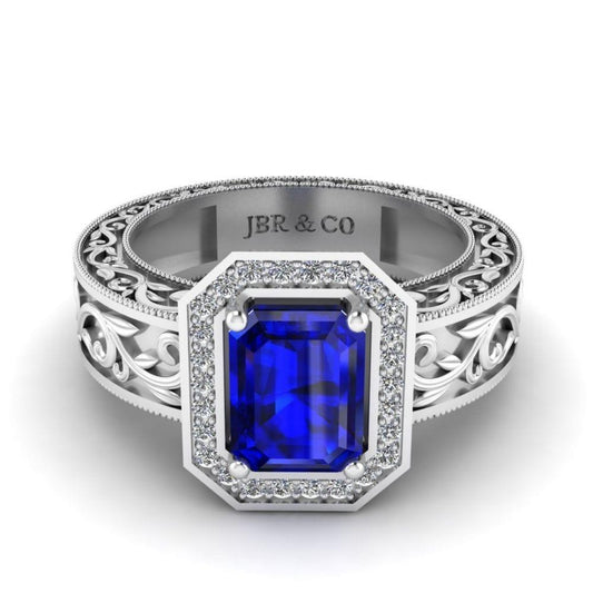 Blue Sapphire Scroll Halo Sterling Silver Wedding Ring - JBR Jeweler
