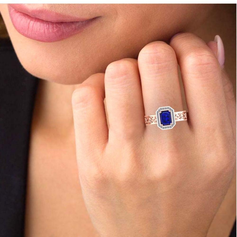JBR Jeweler Silver Ring Blue Sapphire Scroll Halo Sterling Silver Wedding Ring