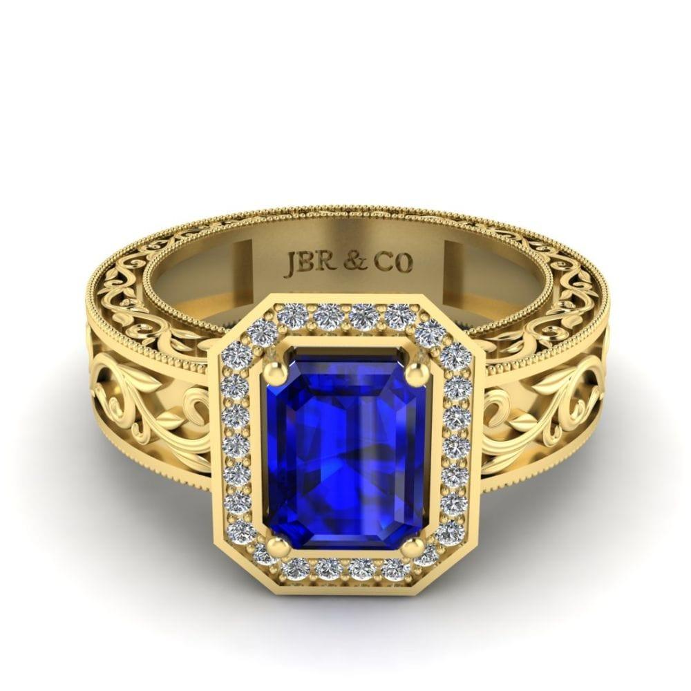 JBR Jeweler Silver Ring 3 / Silver Yellow Gold Plated Blue Sapphire Scroll Halo Sterling Silver Wedding Ring