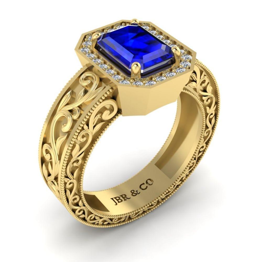 JBR Jeweler Silver Ring Blue Sapphire Scroll Halo Sterling Silver Wedding Ring