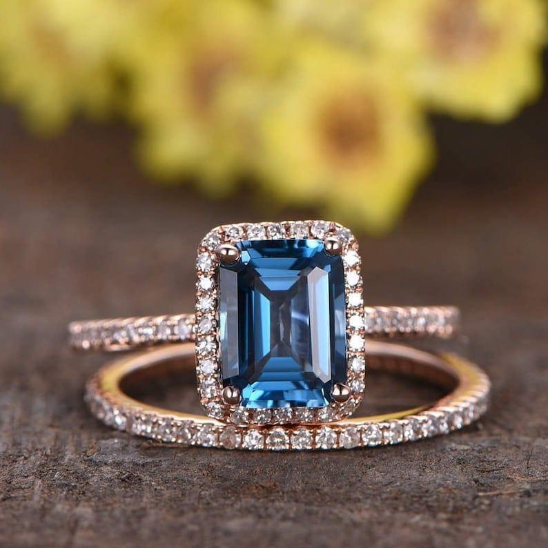 Blue Topaz Engagement Bridal Set Wedding Band Full Eternity Stacking Ring - JBR Jeweler