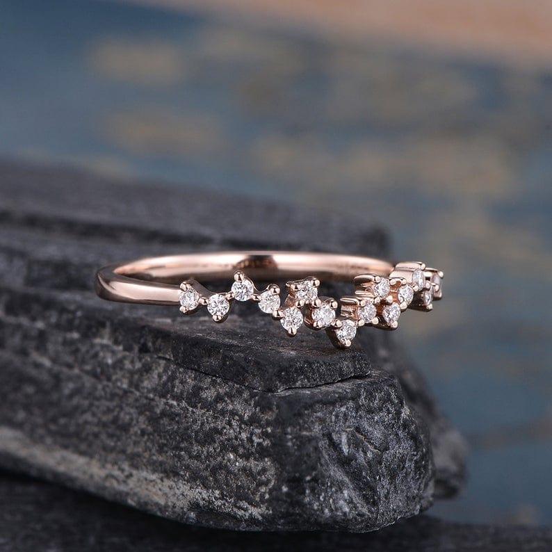 Cluster Moissanite Diamond Matching Stacking Unique Zig Zag Rose Gold Wedding Band - JBR Jeweler