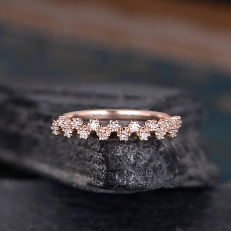Cluster Moissanite Rose Gold Beaded Half Eternity Stacking Matching Bridal Wedding Band - JBR Jeweler