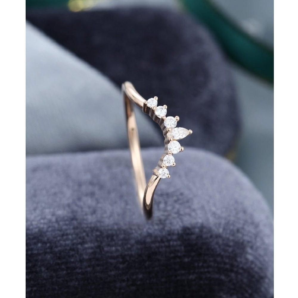 Curved Rose Gold Unique Marquise Cut Cluster Stacking Matching Moissanite Wedding Band - JBR Jeweler