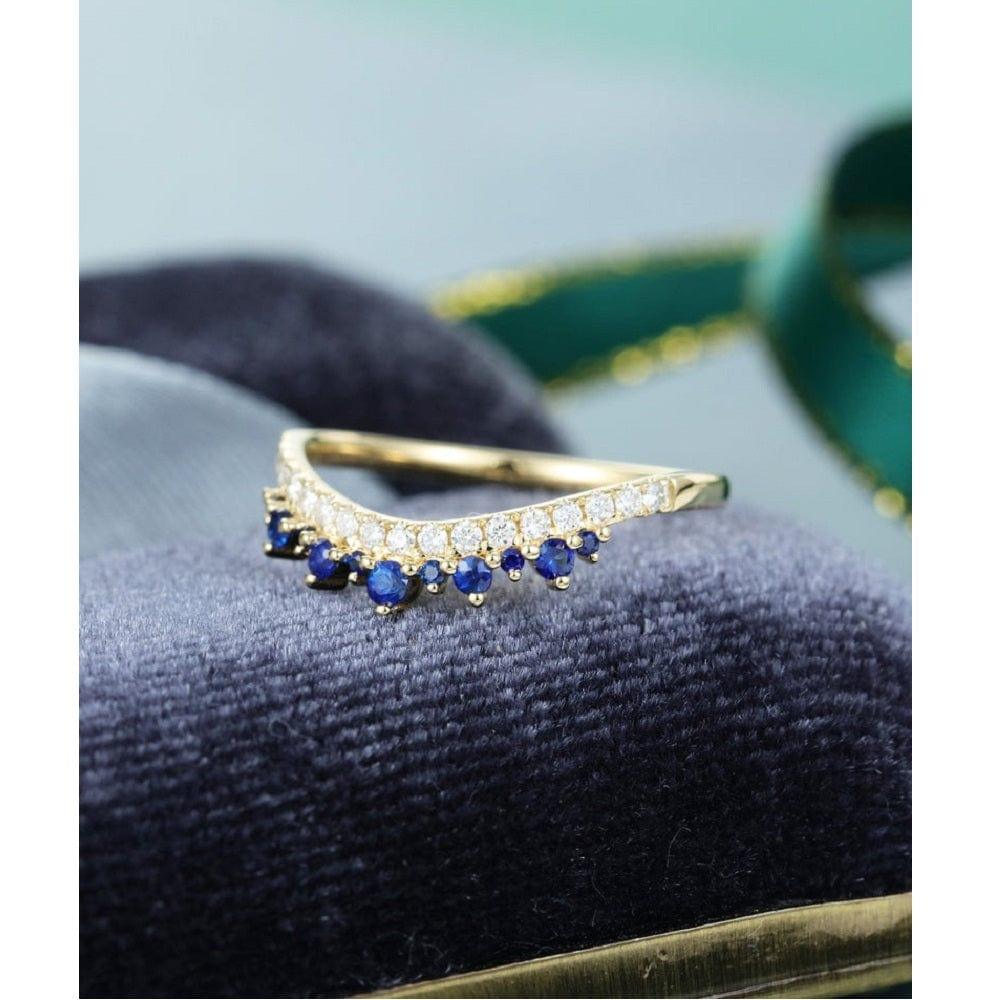 Curved Vintage Solid Yellow/White gold Moisssanite and Sapphire Stacking Wedding Band - JBR Jeweler