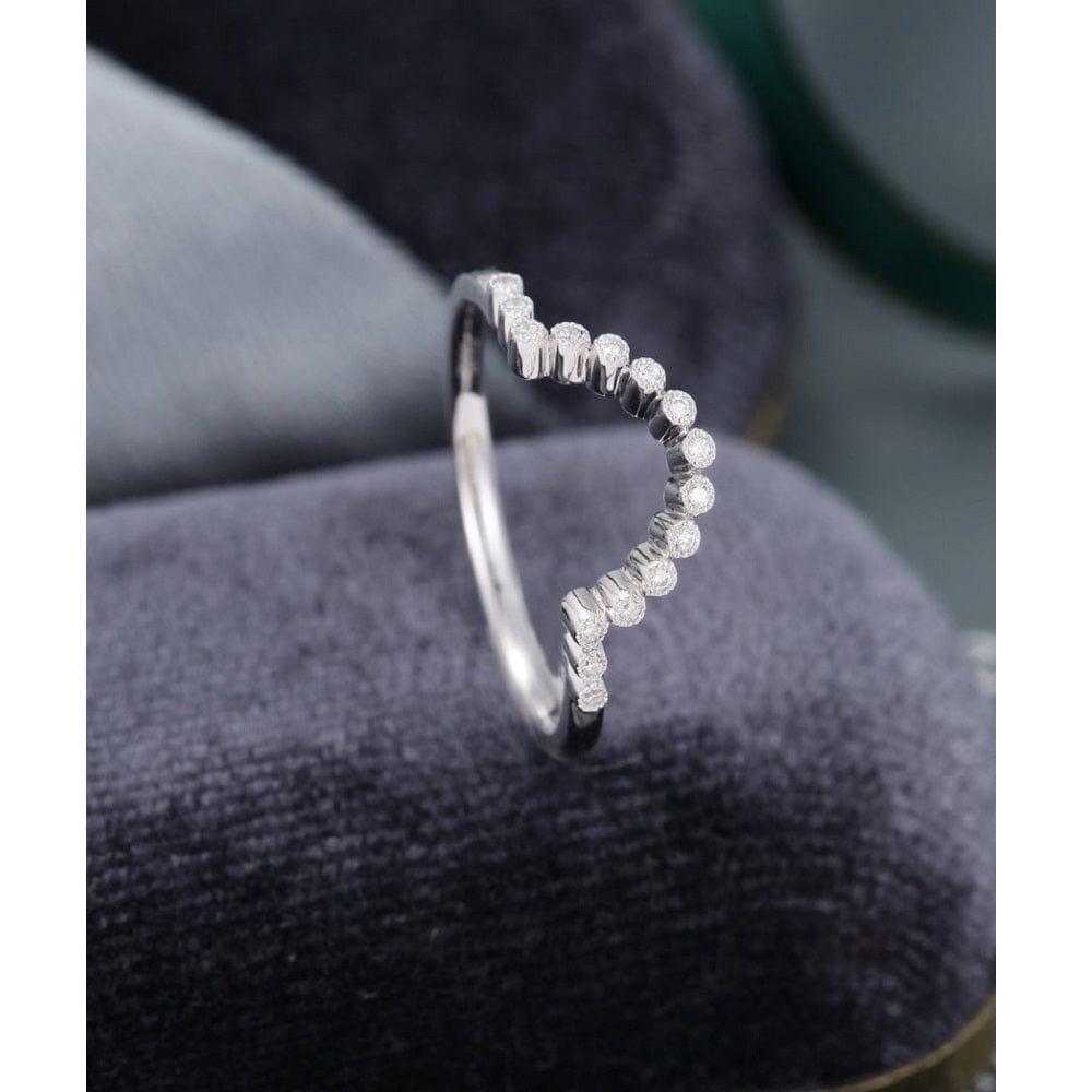 Curved White Gold Milgrain Diamond Bezel Set Stacking Matching Unique Wedding Band - JBR Jeweler