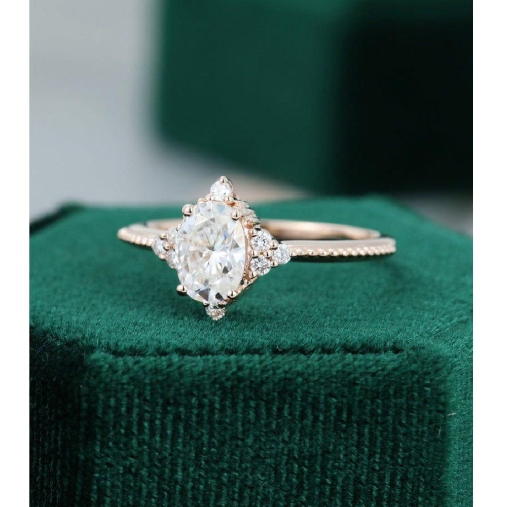Dainty Oval Cut Rose Gold Cluster Wedding Moissanite Engagement Promise Ring - JBR Jeweler
