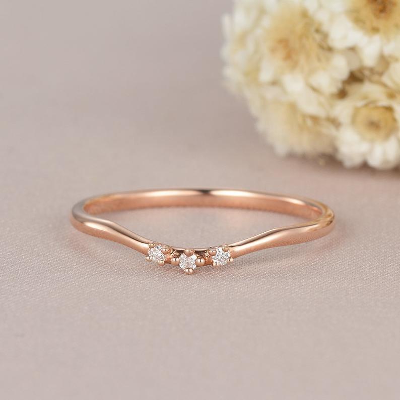 Dainty Rose Gold Matching Three Stone Moissanite Wedding Band Gift For Women - JBR Jeweler