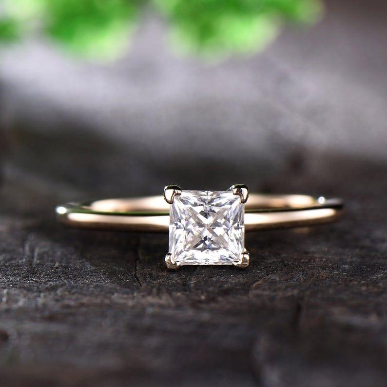 Delicate 5.5MM Princess Cut Moissanite Plain Yellow Gold Band Solitaire Engagement Ring - JBR Jeweler