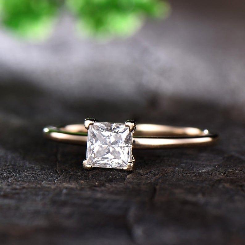 Delicate 5.5MM Princess Cut Moissanite Plain Yellow Gold Band Solitaire Engagement Ring - JBR Jeweler