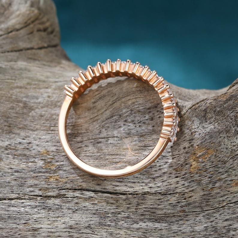 JBR Jeweler Moissanite Wedding Ring Delicate Rose Gold Baguette Cut Moissanite Half Eternity Wedding Band Ring