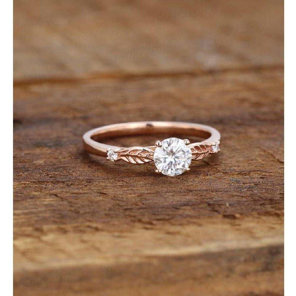JBR Jeweler Moissanite Engagement Ring Delicate Round Cut Leaf Rose Gold Solitaire Diamond Moissanite Engagement Ring