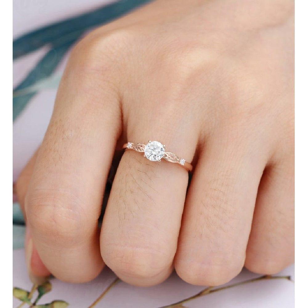 JBR Jeweler Moissanite Engagement Ring Delicate Round Cut Leaf Rose Gold Solitaire Diamond Moissanite Engagement Ring