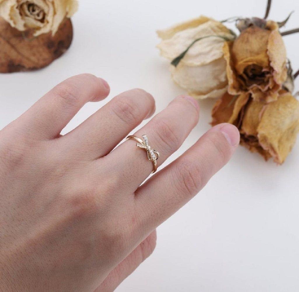 Delicate Sparkling Bow Dainty Ribbon Tie Friendship Diamond Moissanite Promise Ring - JBR Jeweler