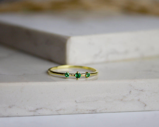 Gold Emerald Stackable 3 Stone Dainty Gemstone May Birthstone Minimalist Ring - JBR Jeweler