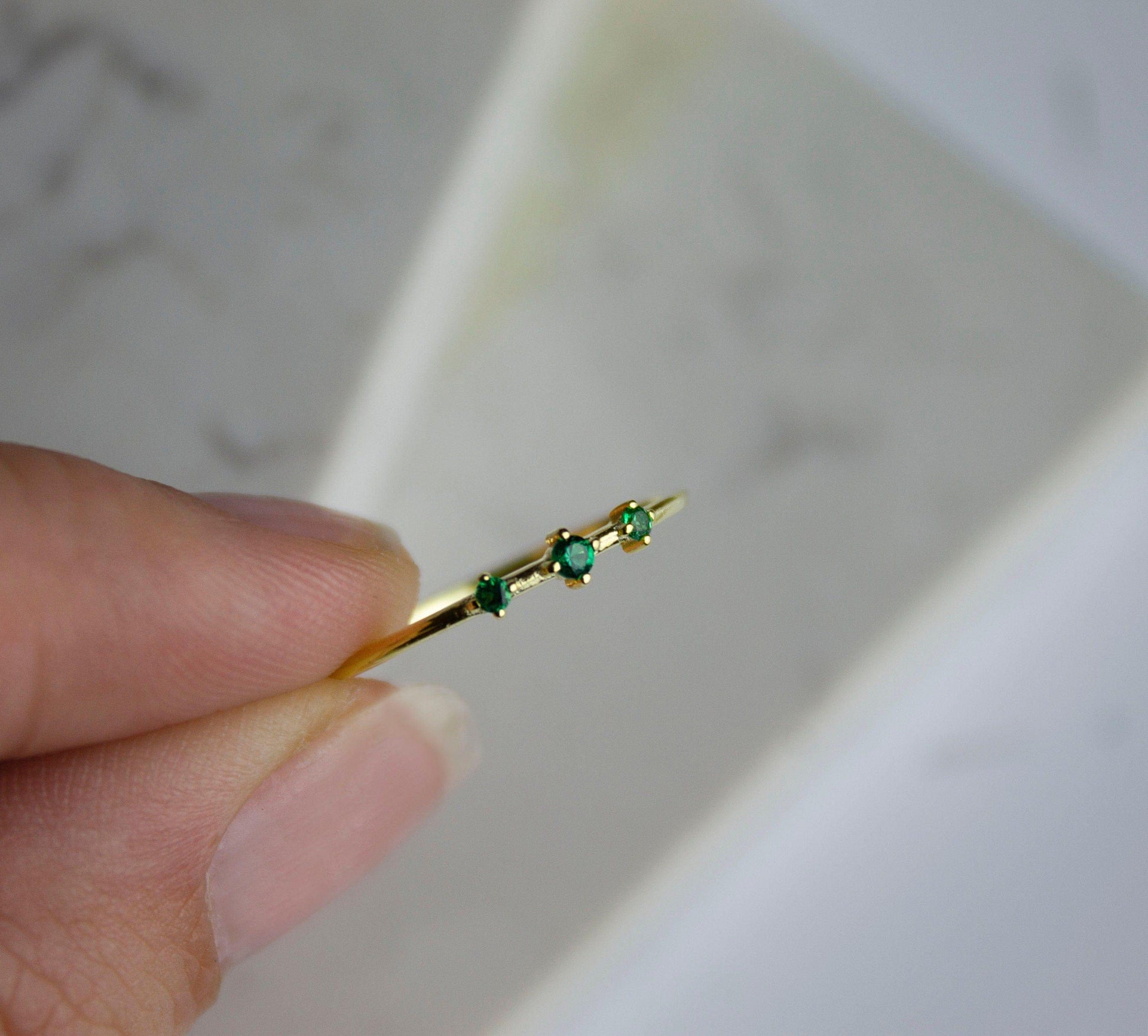 Gold Emerald Stackable 3 Stone Dainty Gemstone May Birthstone Minimalist Ring - JBR Jeweler