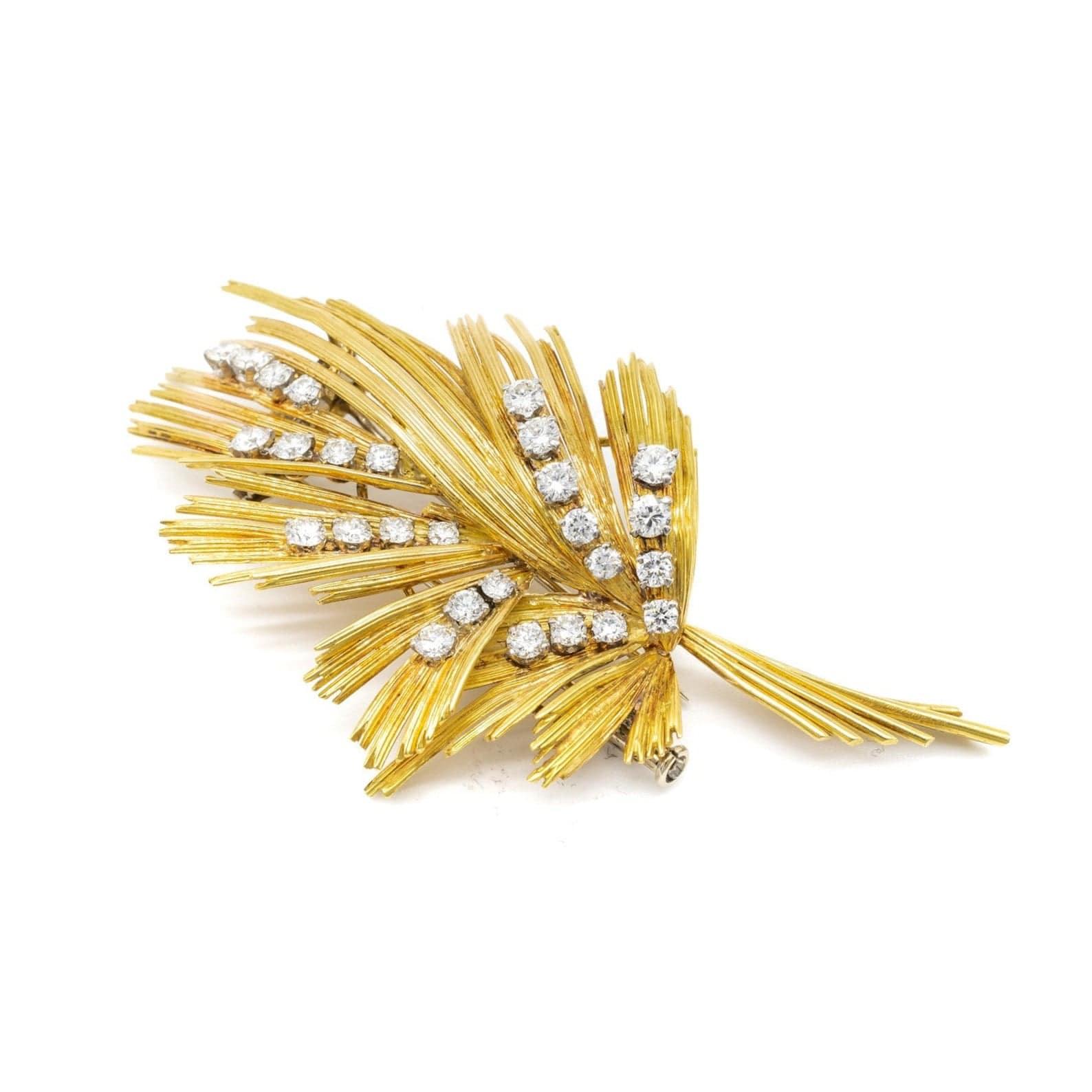 Gubelin Gold & Diamond Leaf Round Moissanite Diamond Women's Art Deco Brooch pin - JBR Jeweler