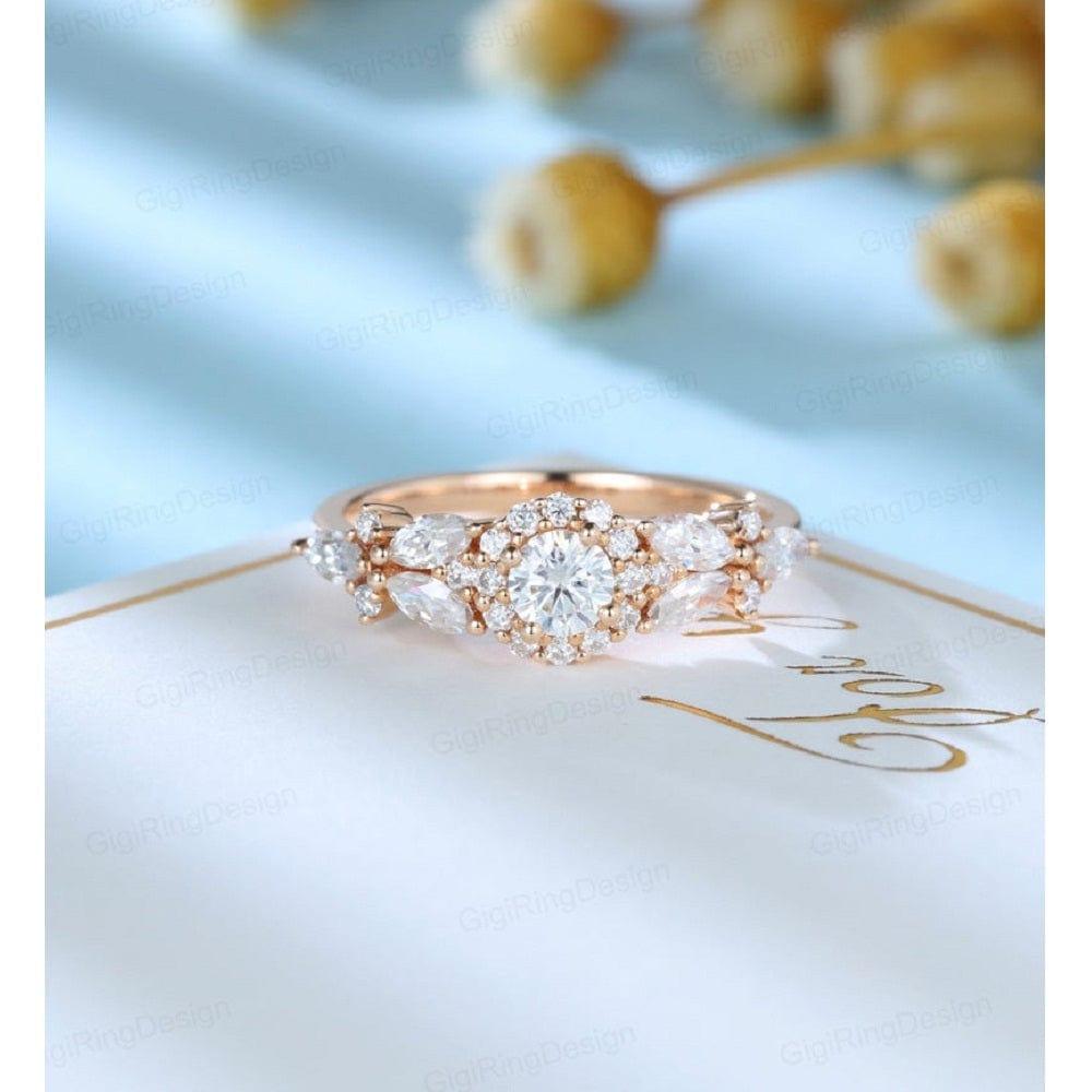Halo Set Round Cut Cluster Rose Gold Bridal Moissanite Engagement Wedding Ring - JBR Jeweler