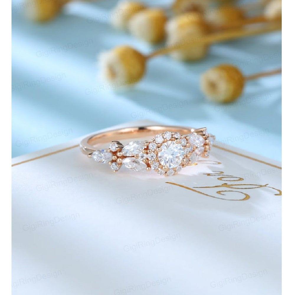 Halo Set Round Cut Cluster Rose Gold Bridal Moissanite Engagement Wedding Ring - JBR Jeweler