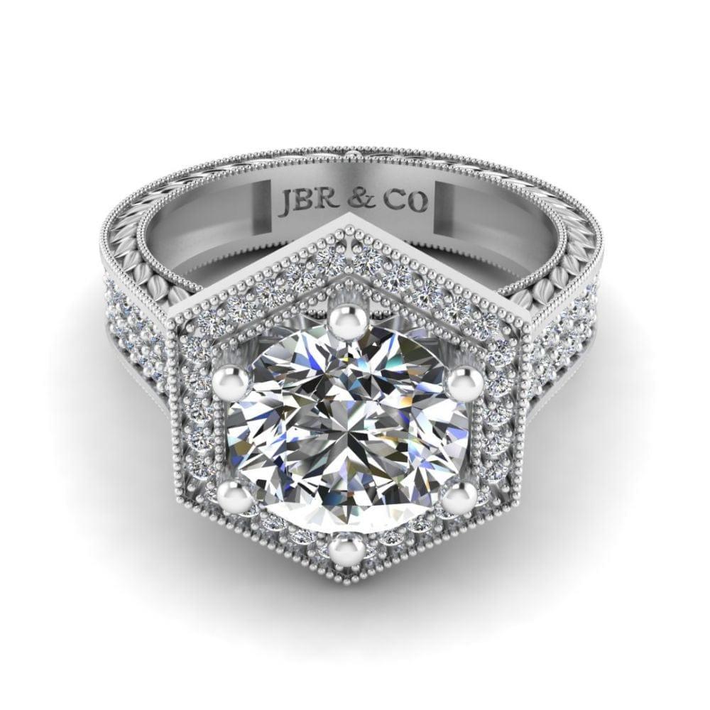 Hexagon Halo Round Cut Sterling Silver Ring - JBR Jeweler