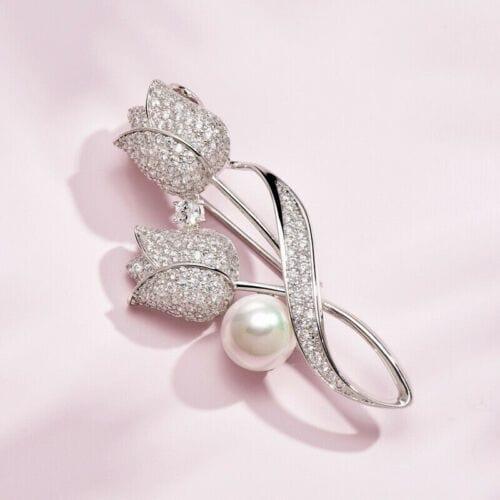 High Polished Tulip Flower Design Brooch Pin With 2.6Ct Round White Pearl In 925 - JBR Jeweler