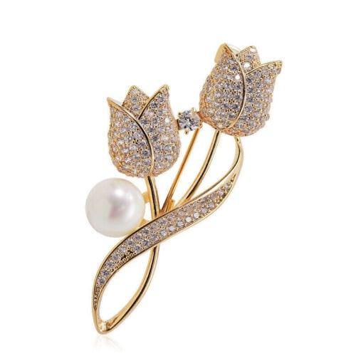 High Polished Tulip Flower Design Brooch Pin With 2.6Ct Round White Pearl In 925 - JBR Jeweler