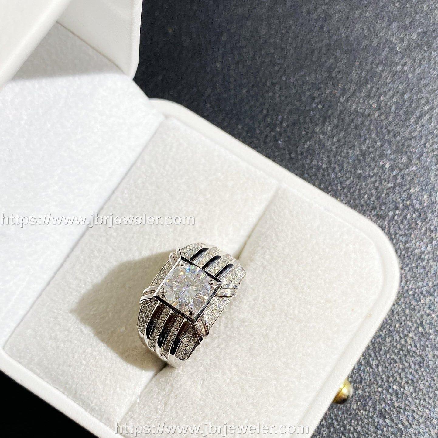 High Quality 1.5ct 7.4mm Round Cut Moissanite Hip Hop 925 Silver White Gold Plated Rings For Men - JBR Jeweler