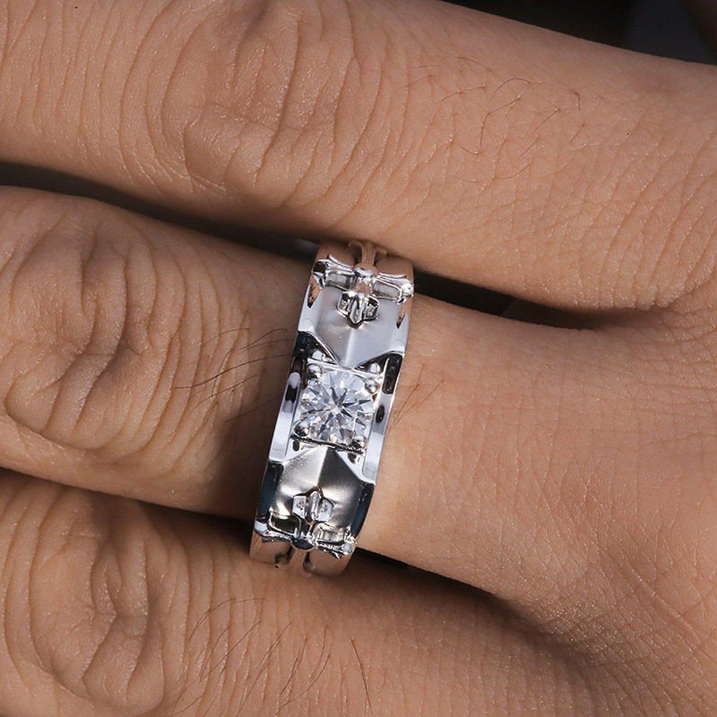 Impressive 0.5ct Moissanite Diamond with Crosses Stylish Men's White Gold Ring - JBR Jeweler