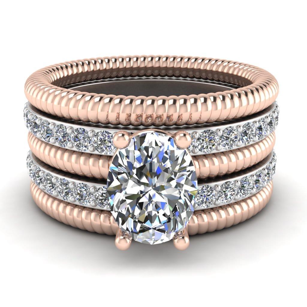 JBR Jeweler Silver Ring 3 / Silver Rose Gold Plated JBR 5PC Oval Cut Sterling Silver Ring Bridal Set