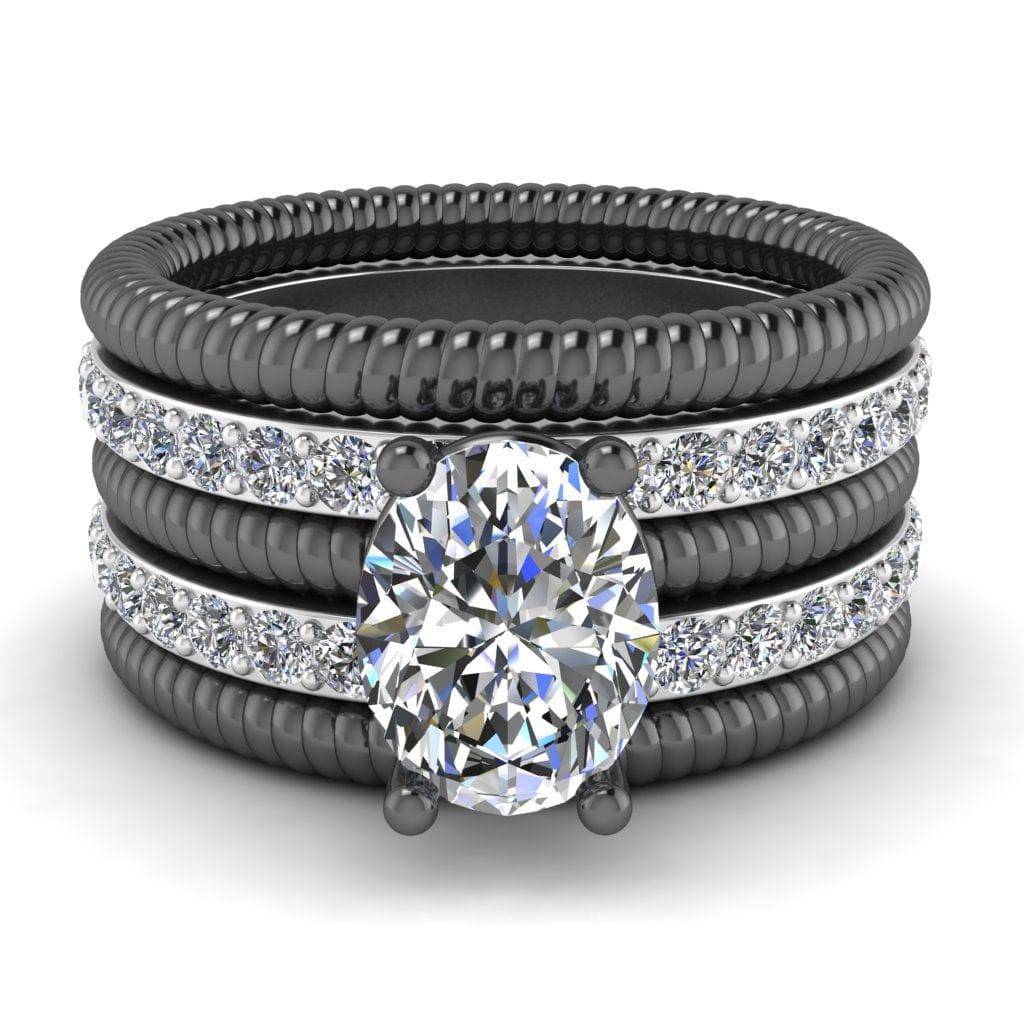 JBR Jeweler Silver Ring 3 / Silver Black Rhodium Plated JBR 5PC Oval Cut Sterling Silver Ring Bridal Set