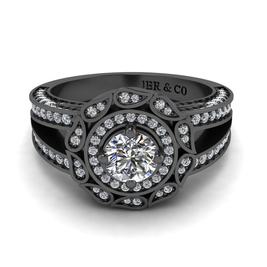 JBR Jeweler Silver Ring 3 / Silver Black Rhodium Plated JBR Halo Split Shank Round Diamond Sterling Silver Engagement Ring