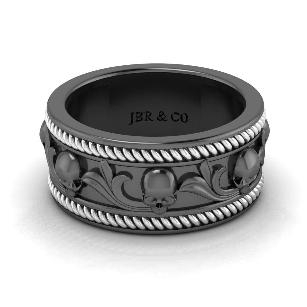 JBR Jeweler Silver Ring 3 / Silver Black Rhodium Plated JBR Leaf Design Sterling Silver Skull Band