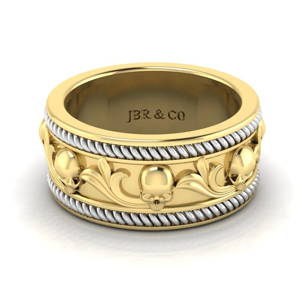 JBR Jeweler Silver Ring 3 / Silver Yellow Gold Plated JBR Leaf Design Sterling Silver Skull Band