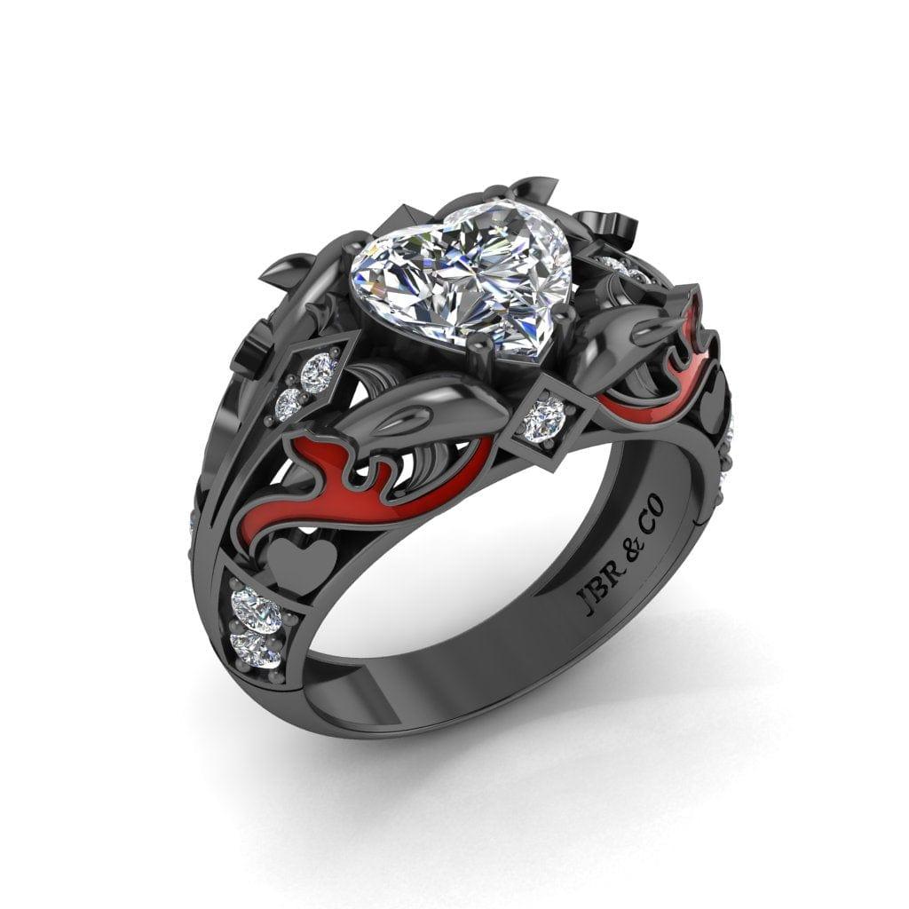 JBR Ocean Dolphin 1.80CT Heart Cut Red Enamels Sterling Silver Ring - JBR Jeweler