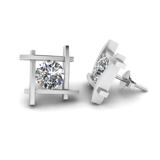 JBR Jeweler Silver Earring 0 / Silver JBR Open Frame Round Cut Diamonds Stud Earrings In Sterling Silver