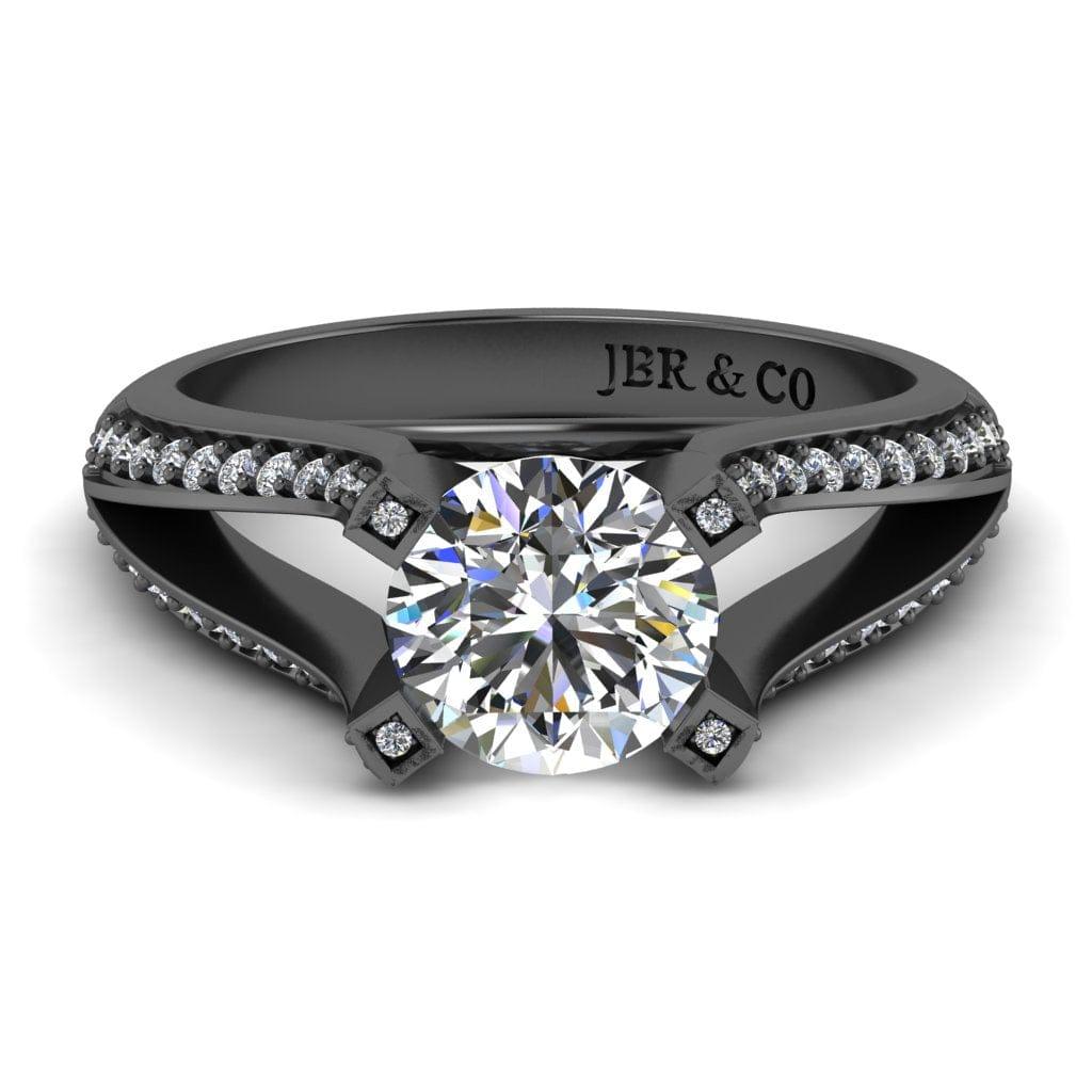 JBR Jeweler Silver Ring 3 / Silver Black Rhodium Plated JBR Pave Split Shank Solitaire Round Cut Sterling Silver Ring