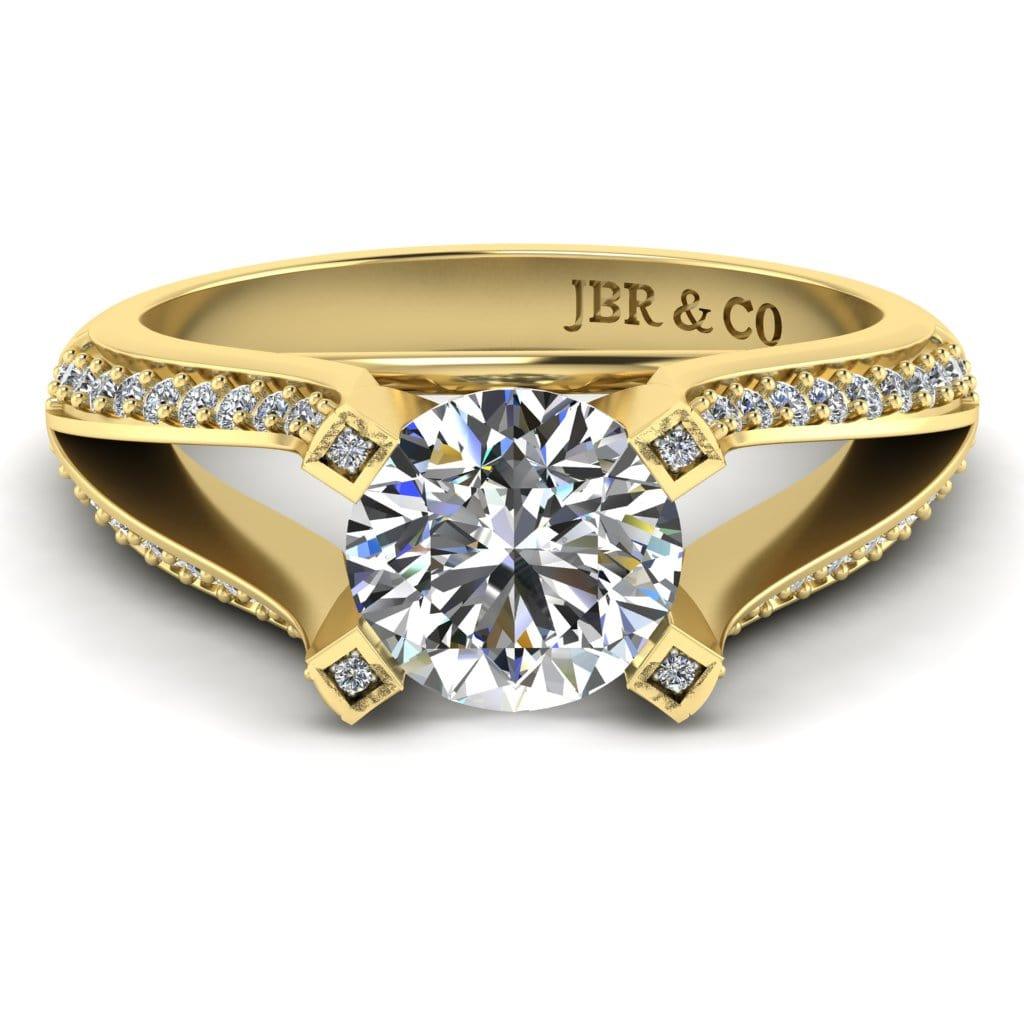 JBR Jeweler Silver Ring 3 / Silver Yellow Gold Plated JBR Pave Split Shank Solitaire Round Cut Sterling Silver Ring