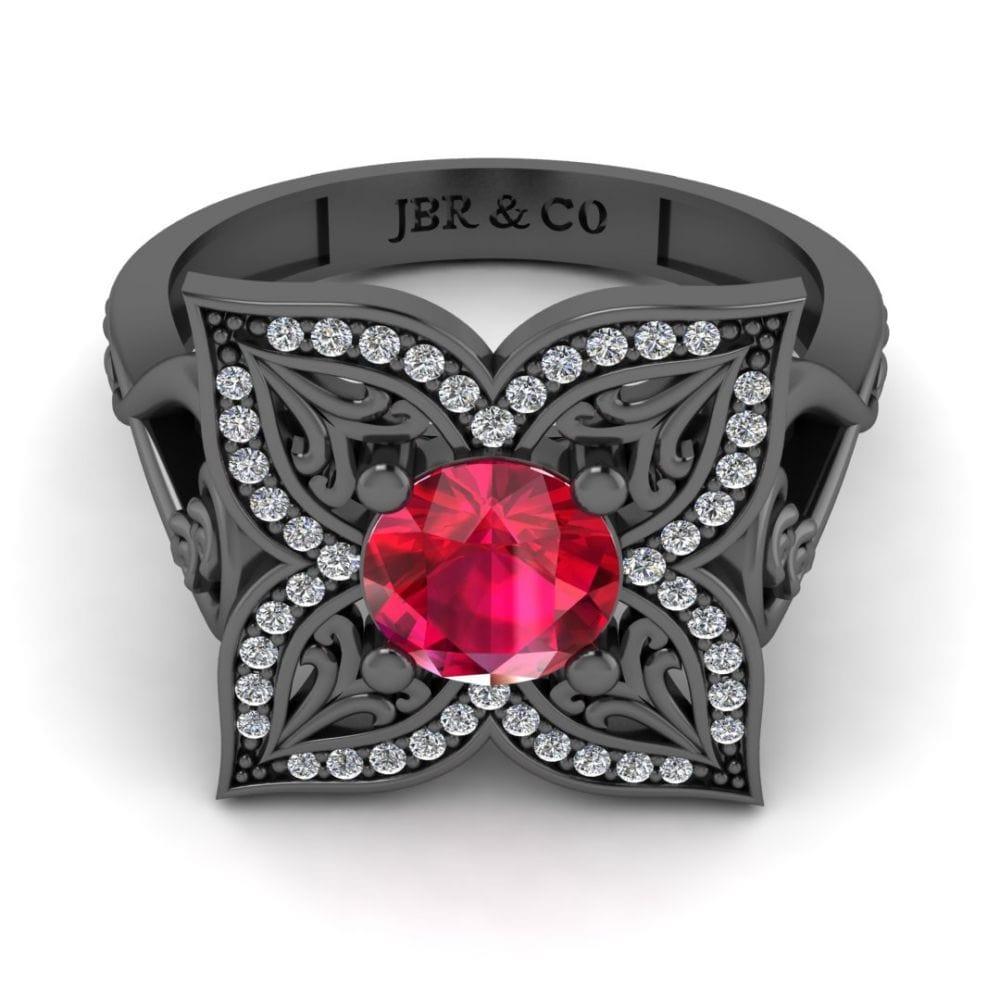 JBR Jeweler Silver Ring 3 / Silver Black Rhodium Plated JBR Quatrefoil Round Cut Engagement Ring In Sterling Silver