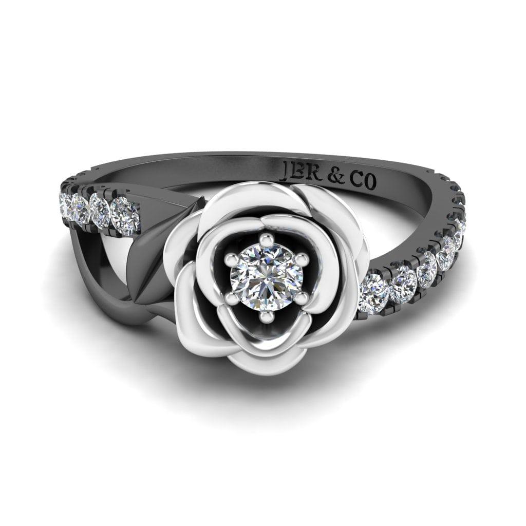JBR Jeweler Silver Ring 3 / Silver Black Rhodium Plated JBR Rose Flower Design Round Cut Sterling Silver Promise Ring