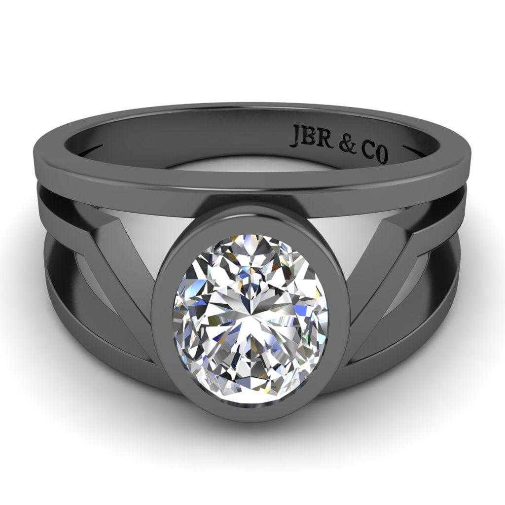 JBR Jeweler Silver Ring 3 / Silver Black Rhodium Plated JBR Solitaire Split Shank Oval Cut Sterling Silver Ring