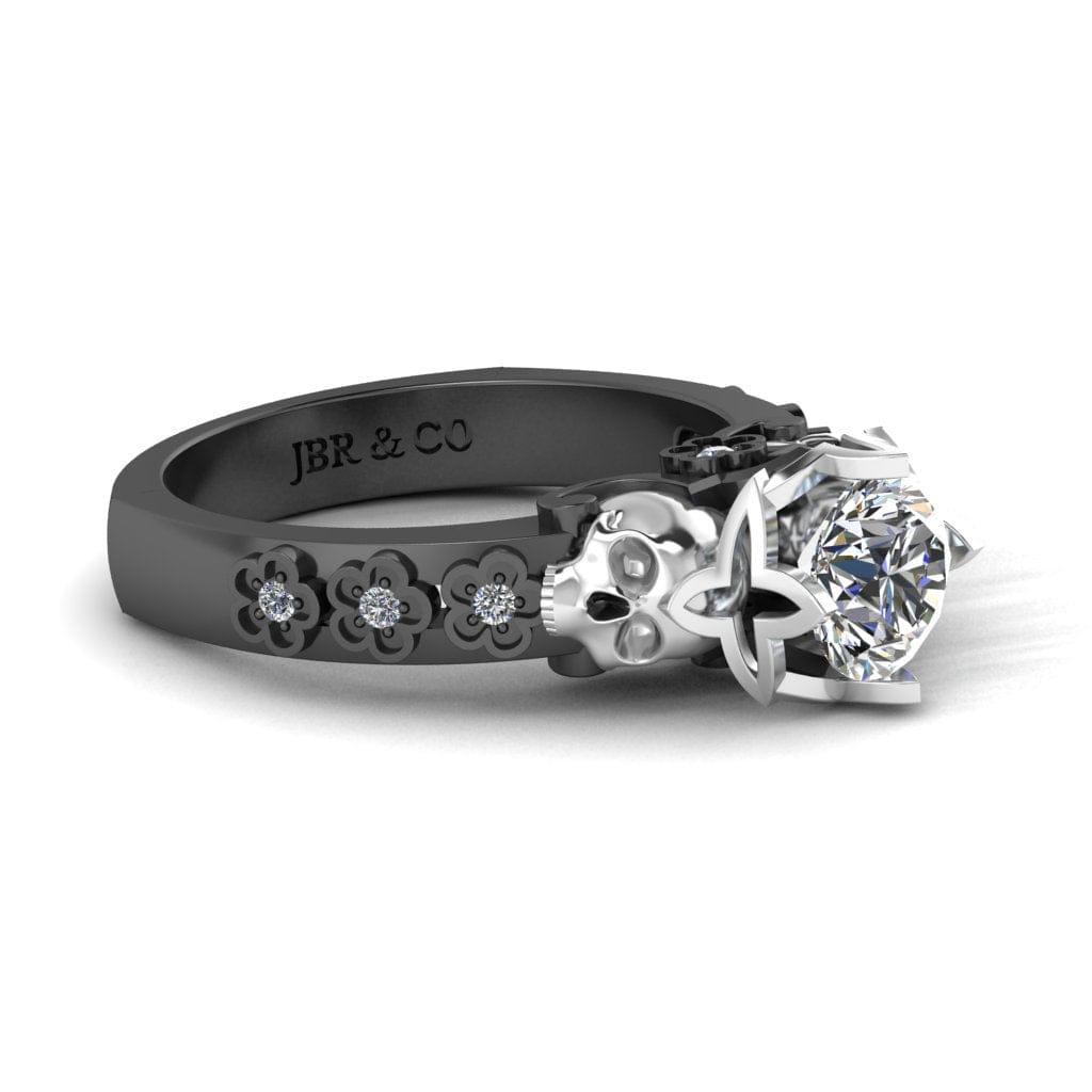 JBR Two Tone 1.0CT Round Cut Floral Sterling Silver Skull Ring - JBR Jeweler