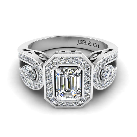JBR Wave Style Halo Emerald Cut Sterling Silver Engagement Ring - JBR Jeweler