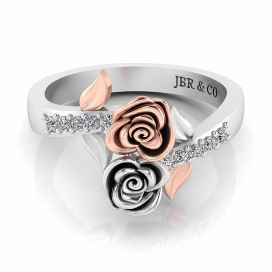 Leaf Design Two Rose Ring in Sterling Silver - JBR Jeweler