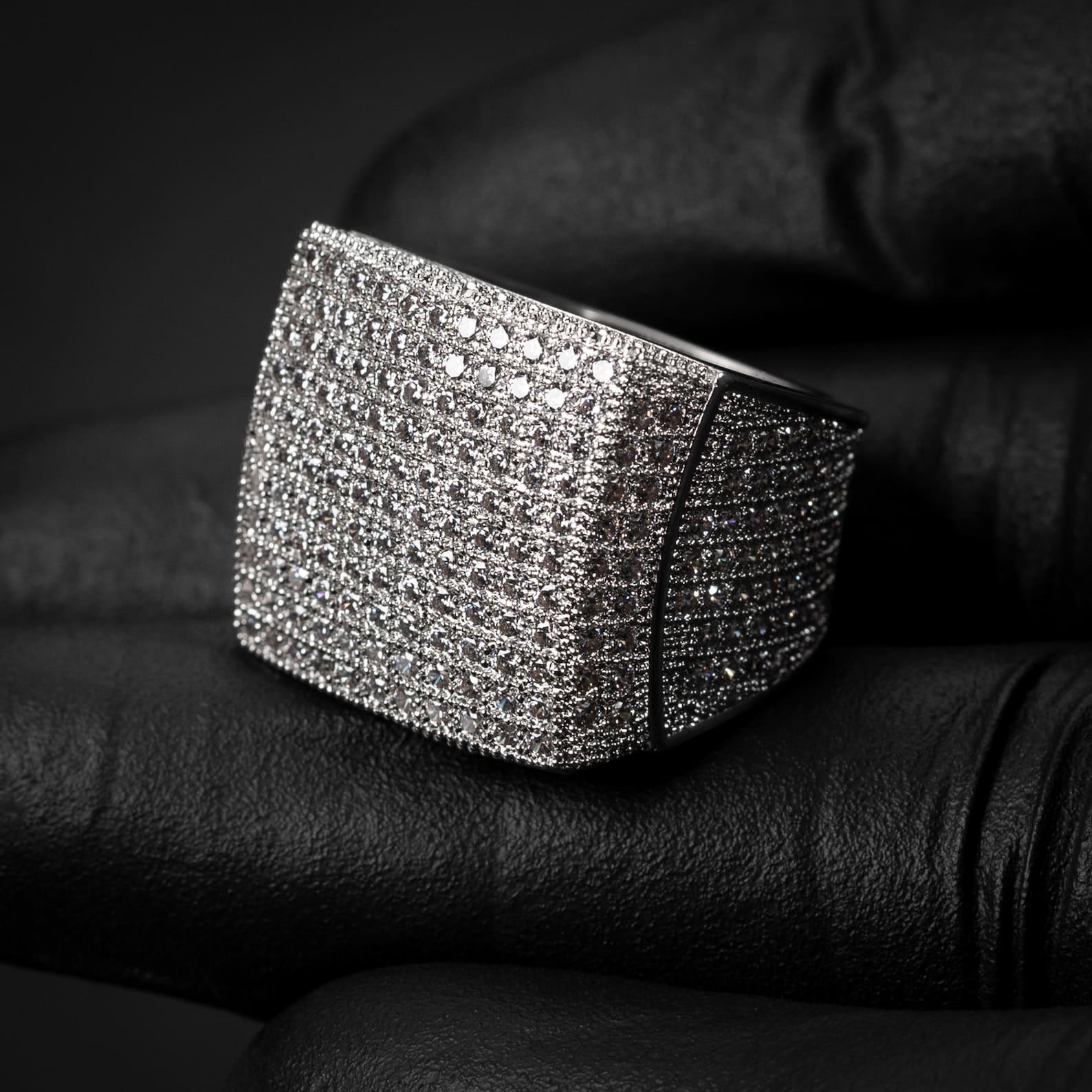 Men's White Gold Iced Out Moissanite MicroPave HipHop Large Statement Pinky Ring - JBR Jeweler