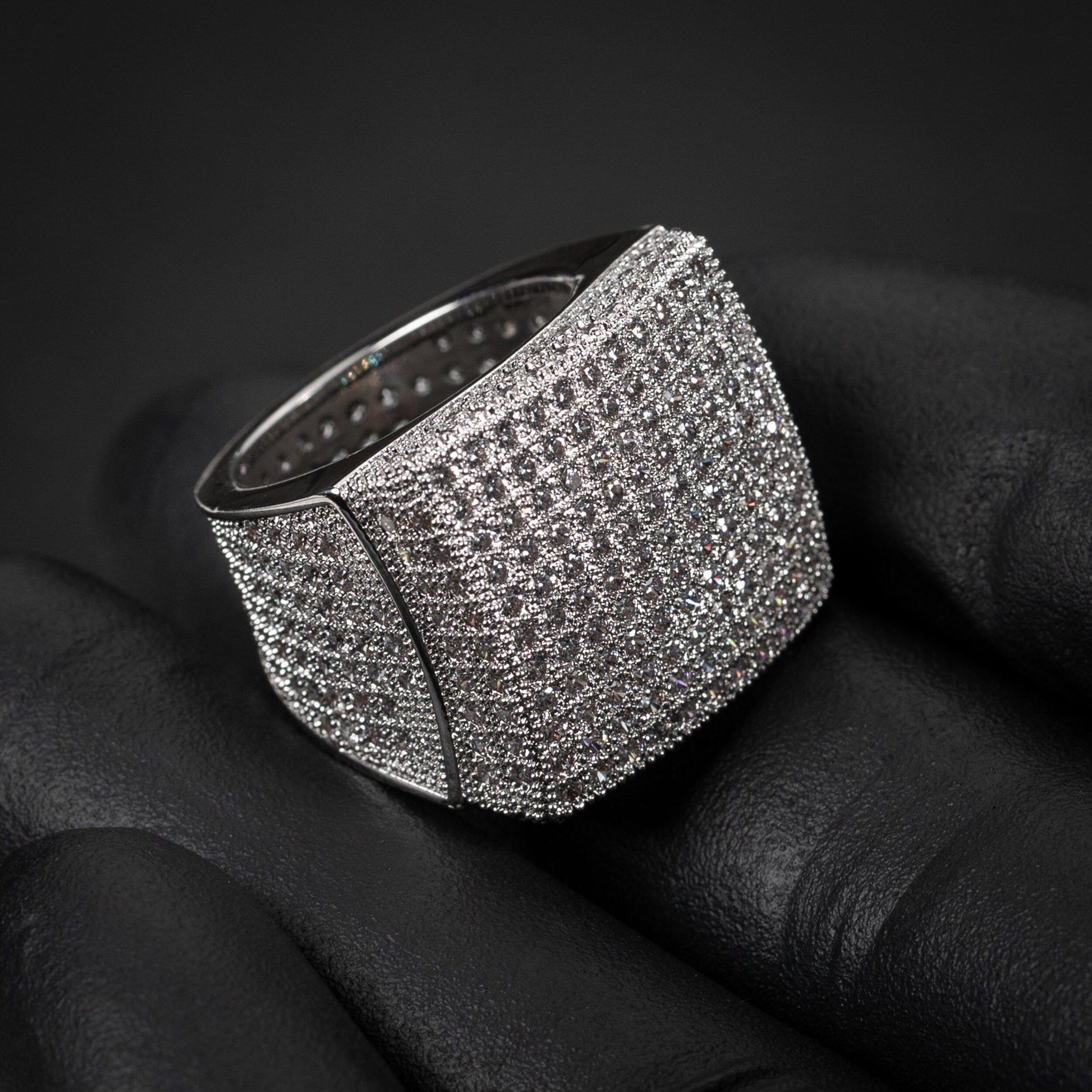 Men's White Gold Iced Out Moissanite MicroPave HipHop Large Statement Pinky Ring - JBR Jeweler