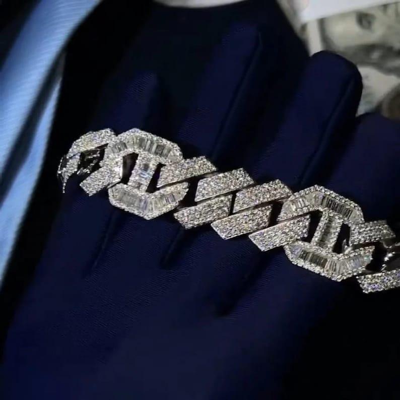 Moissanite Diamond Hip Hop 18 CTW Baguette Round Cut Cuban Chain Style Bracelet - JBR Jeweler