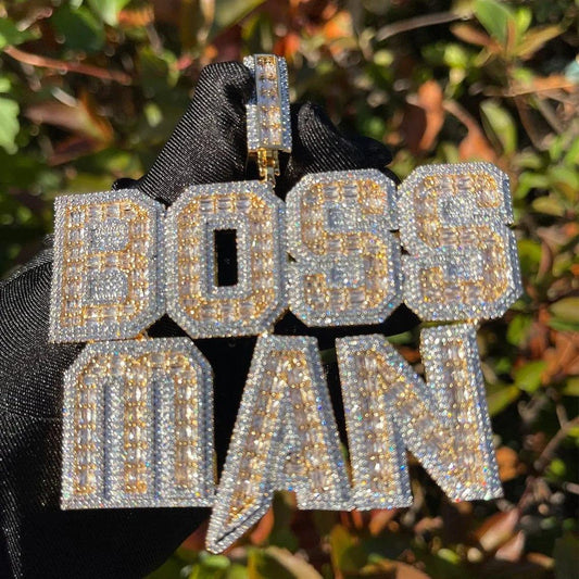 Moissanite Iced Out Two Tone Customizable Name Plate Letter Pendant - JBR Jeweler