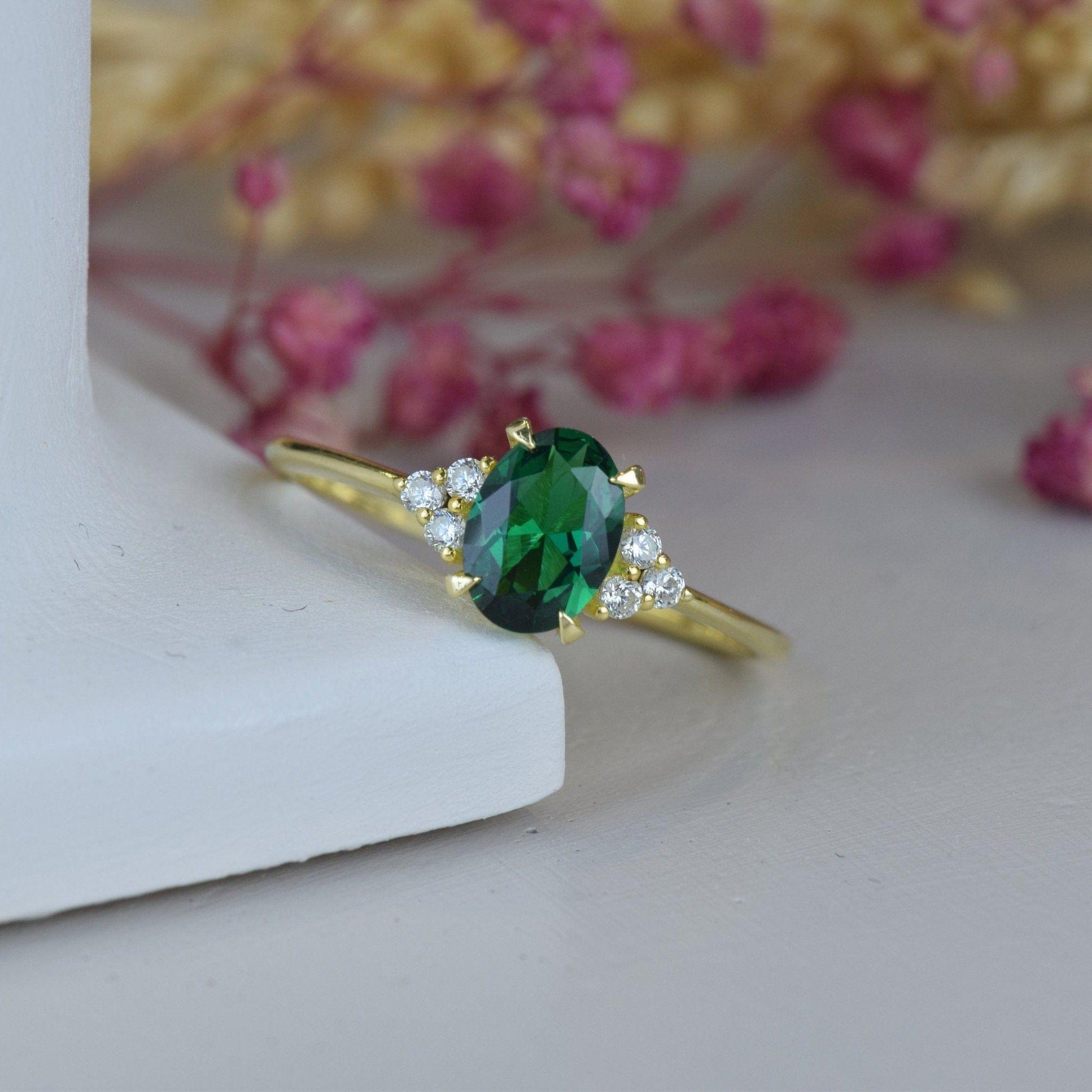 Oval Cut Emerald Gold Engagement Dainty Emerald Anniversary Ring Gift For Her - JBR Jeweler